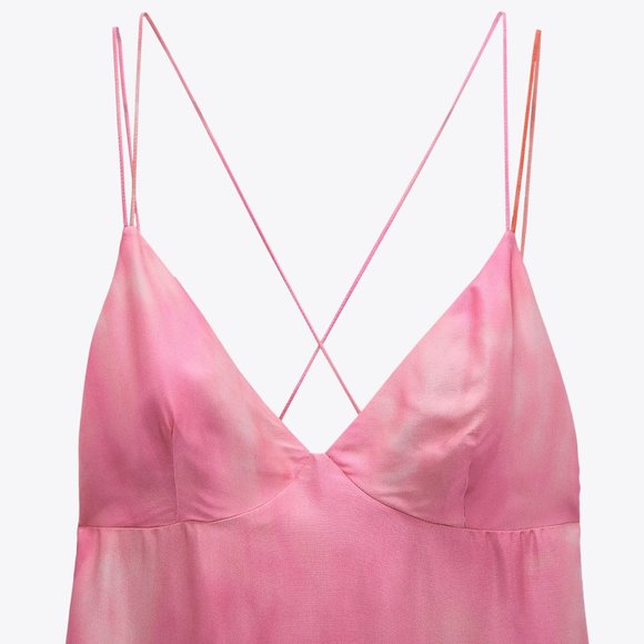 Zara Satin Tie Dye Pink & Orange Strappy Slip Dress - Picture 2 of 5